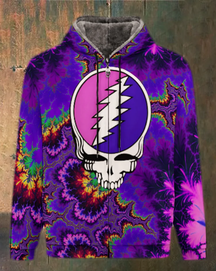 Unisex Skull Print Double Layer Fleece Zip-Up Hooded Jacket