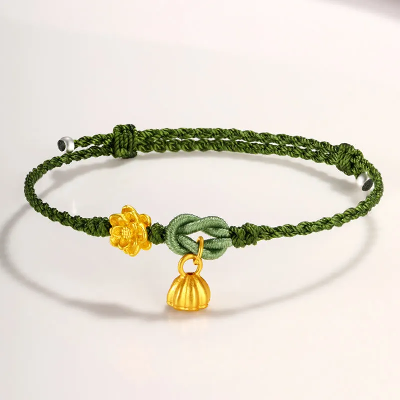 Handmade 999 Gold Lotus Flower Pod New Beginning Braid String Bracelet
