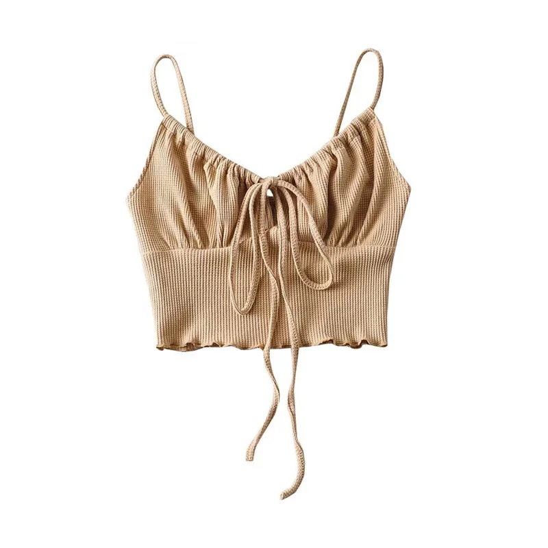 Ueong Summer New Spicy Girls Slim Waffle Chest Rope Tie With A Small Navel Halter Top Shirt