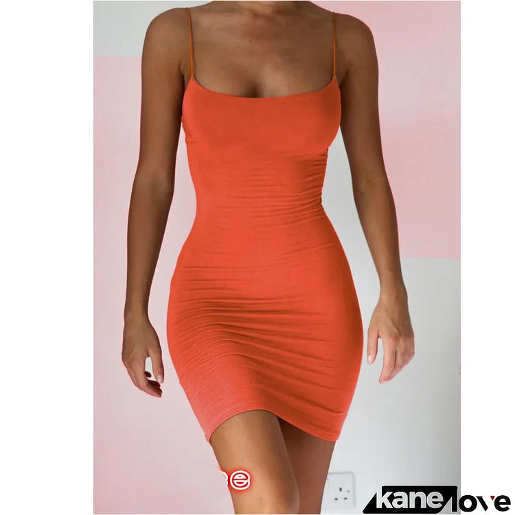 Women's Fashion Sexy Solid Color Elastic Spaghetti Strap Dress