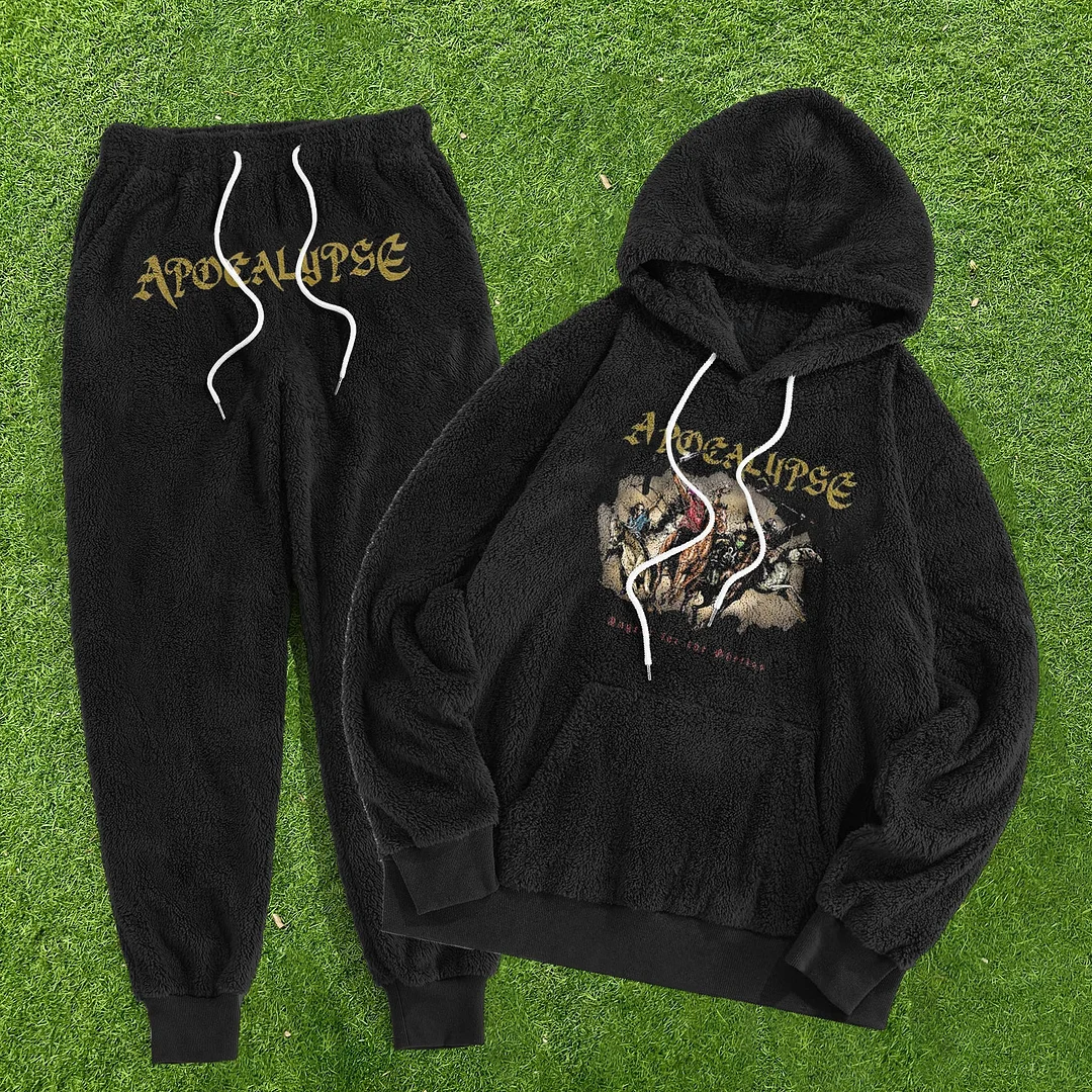 Retro Trend Print Plush Hoodie Sweatpants Sets