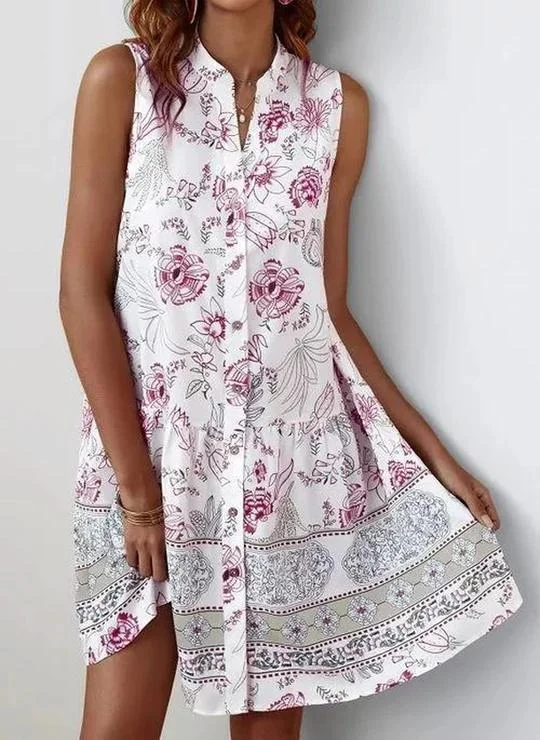 Fresh Button Placket V-Neck Sleeveless Mini Dress