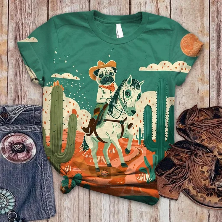 Women's Retro Funny Cute Western Cowboy Puppy Print Casual Short-sleeved T-shirt