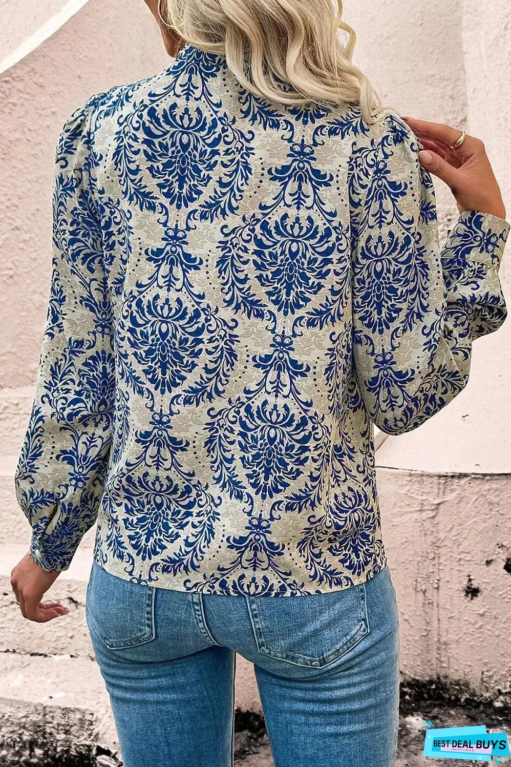 Sky Blue Bohemian Printed Bishop Sleeve Lace Shirt