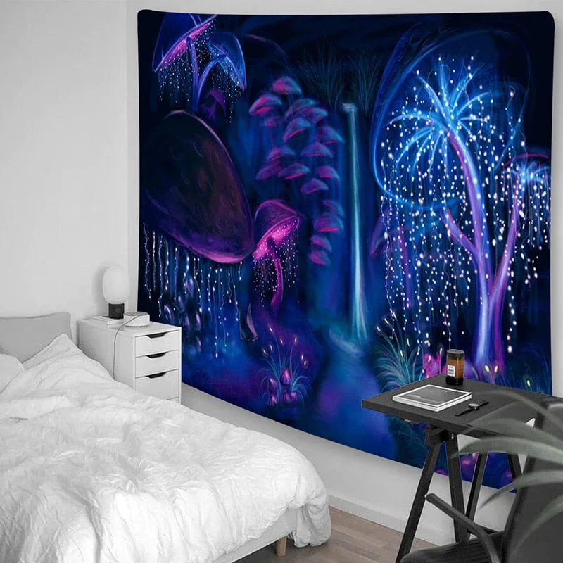 3m*1.8m Fluorescent Tapestry Psychedelic Mushroom Jellyfish Hanging Cloth Home Wall Decoration Glow Under Ultraviolet Light