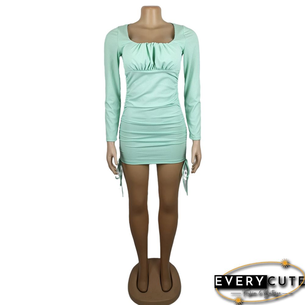 Light Green Square Neck Drawstring Long Sleeve Bodycon Dress