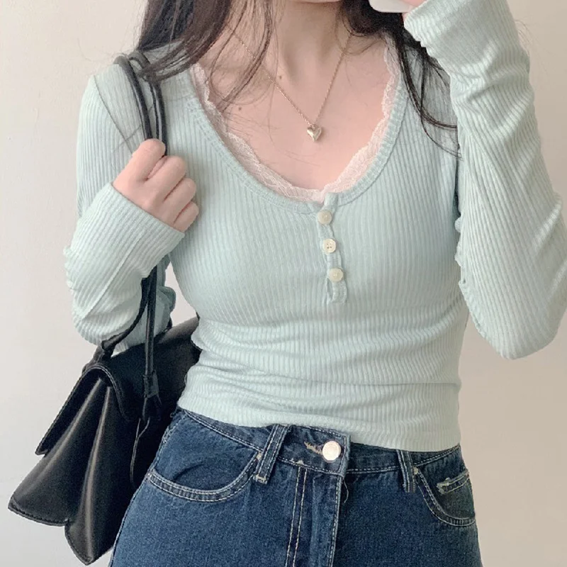 Ueong New Spice Girl Style Round Collar Single-Breasted Lace Stitched Pure Long-Sleeved Knitted Blouse