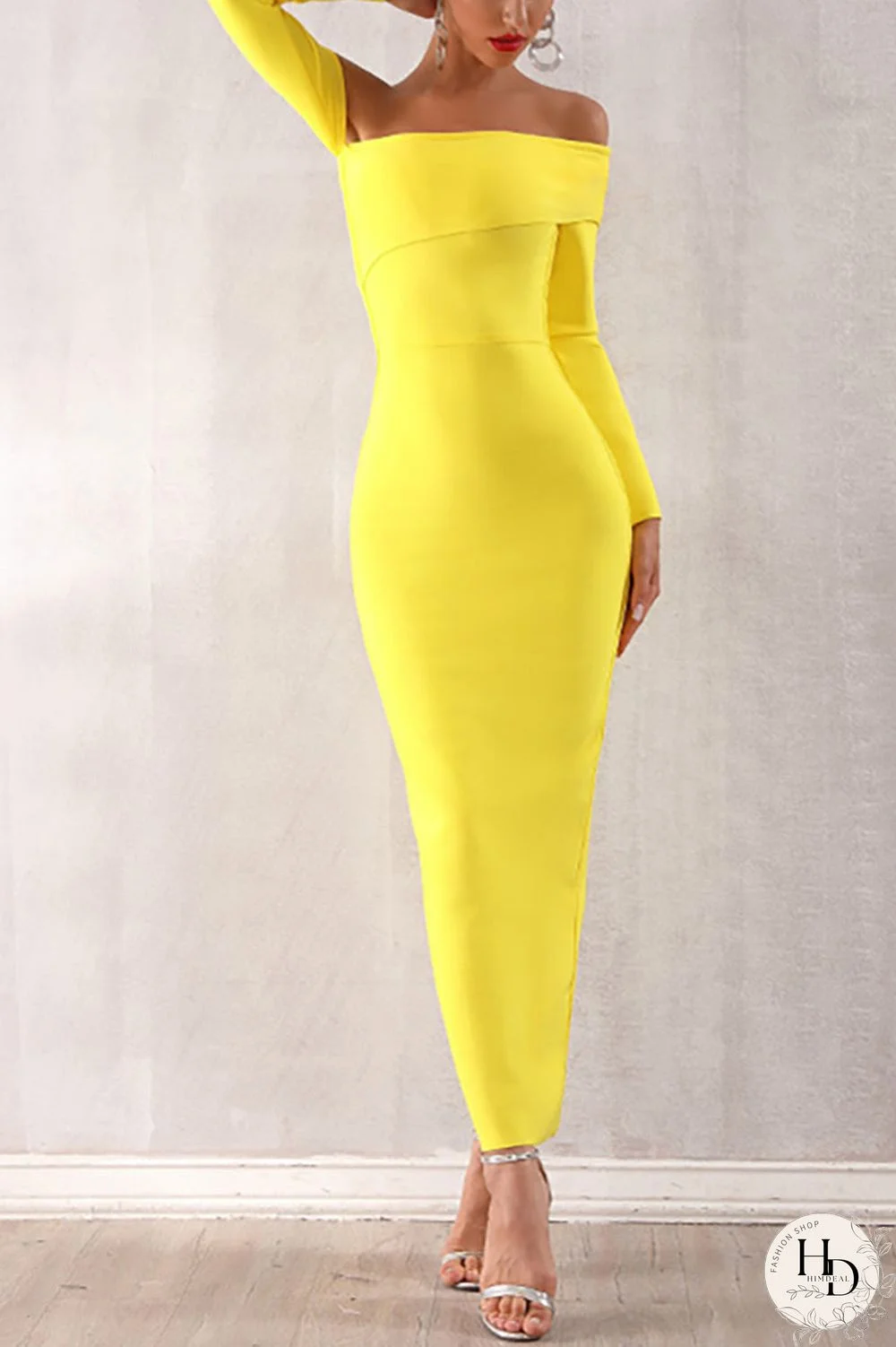 Yellow Off Shoulder Split Back Bandage Dress