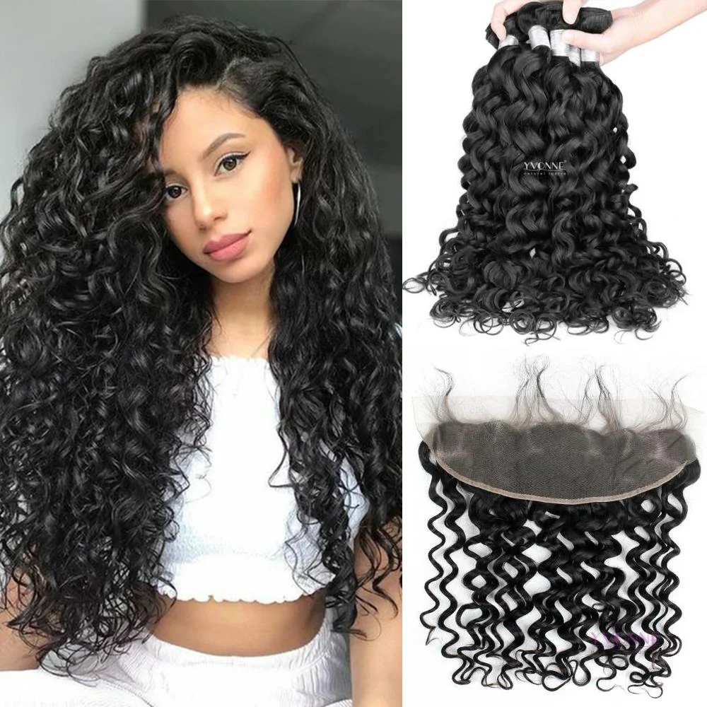 Free Shipping YVONNE Platinum Grade Italian Curly 13*4 Lace Frontal With 3 Bundles Hair Weaves