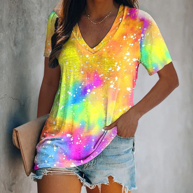 Womens V-neck Tie Dye Stars Casual Tees