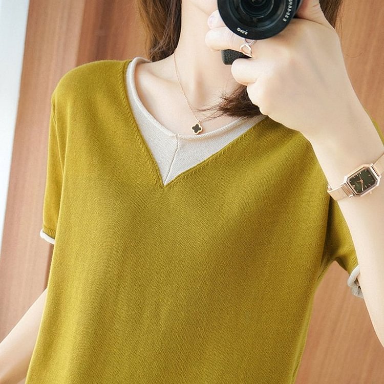 Short Sleeve Paneled Knitted Shirts & Tops