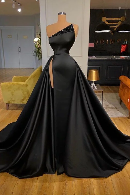Black Overskirt Long Prom Dress With Slit Beads PD0569