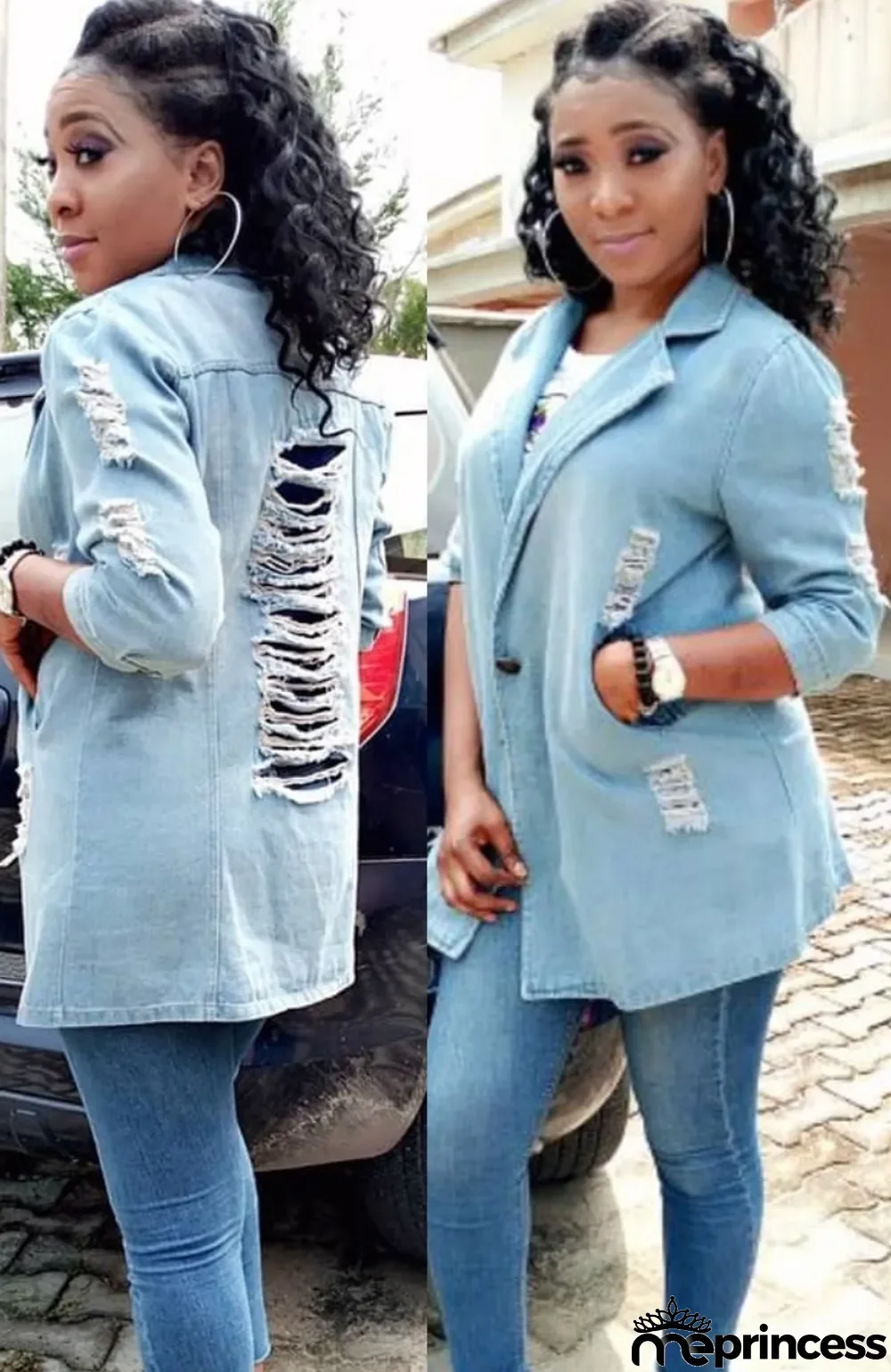 Autumn Trendy Blue Long Sleeve Ripped Denim Blazer