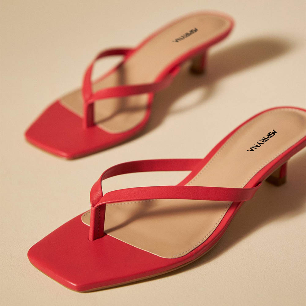 Women's Square Toe Red Slip On Flip Flop Mule Low Heel Sandals Nicepairs