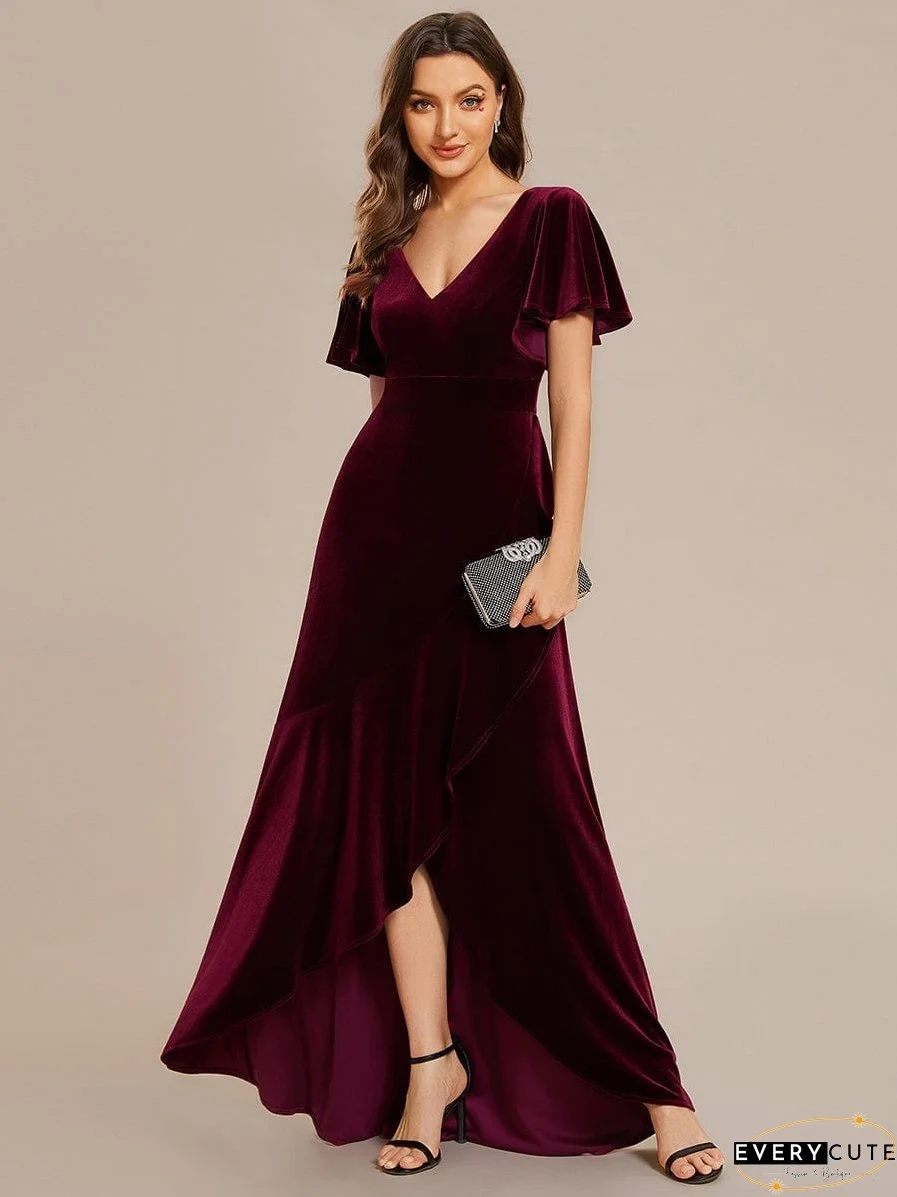 Velvet Evening Gown with Lotus Leaf Hem