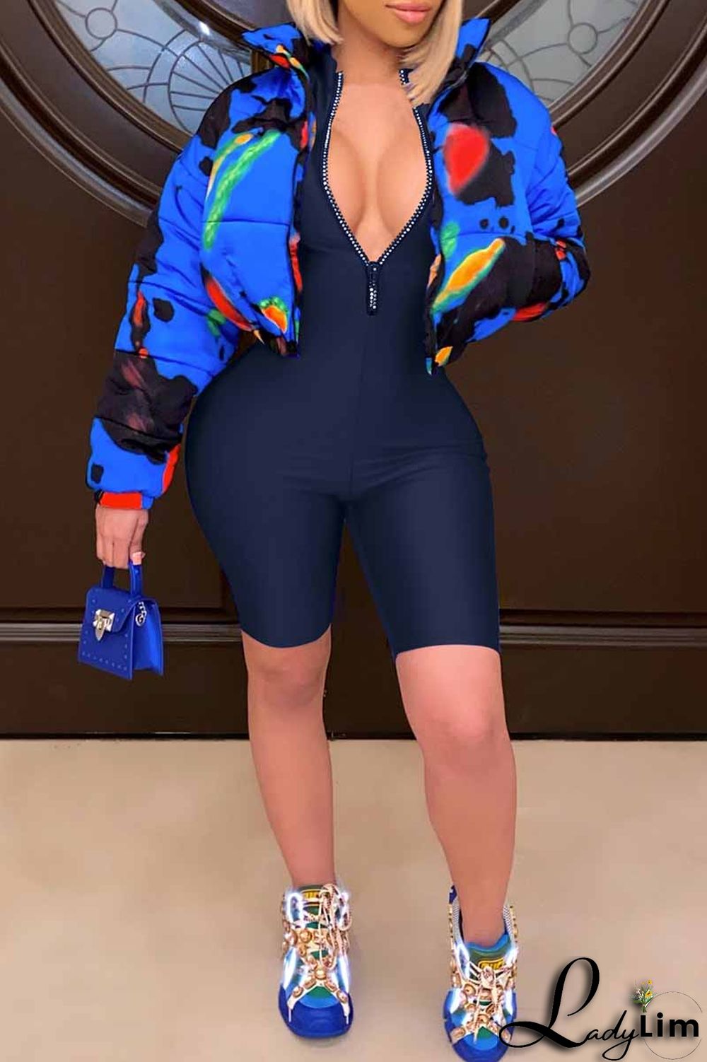 Royal Blue Fashion Casual Solid Basic Zipper Collar Skinny Romper