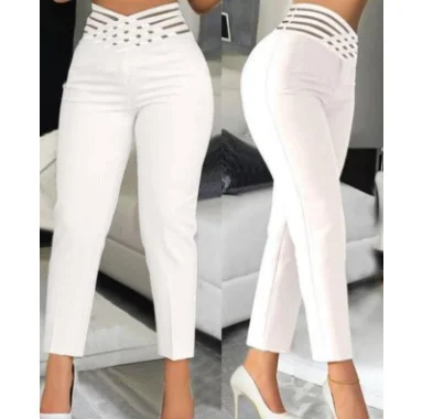 Brownm Brownm Women's Ribbon Hollow Belt Temperament Commuting High Waist Leisure Solid Color Pencil Nine Minutes Pants