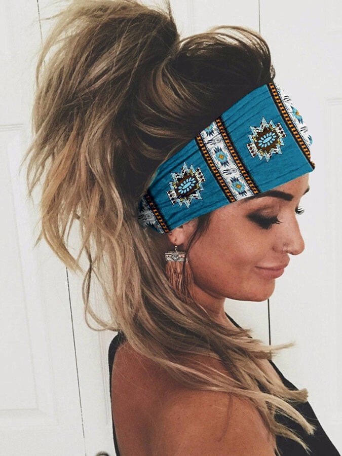 Western Turquoise Print Wide Headband