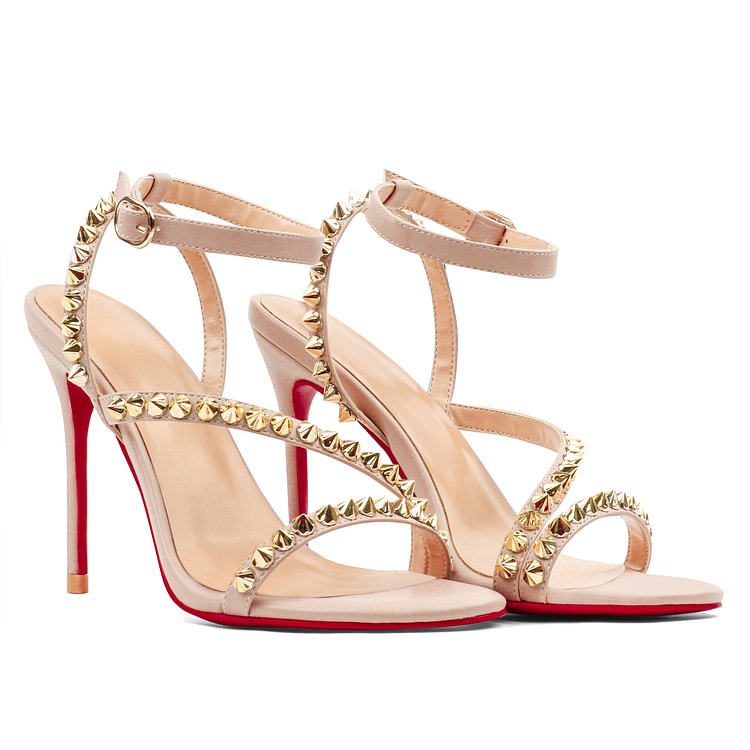 100mm Ankle Straps Studded Stilettos Red Bottoms Party Wedding Nude Sandals Heels Vocosi VOCOSI