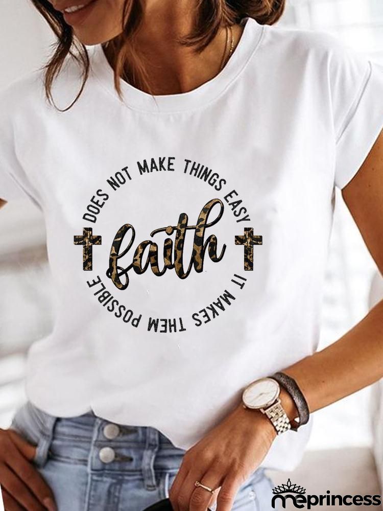 Women Fashion Base Letter Sunflower Cross Print Round Neck Short Sleeve T-Shirt