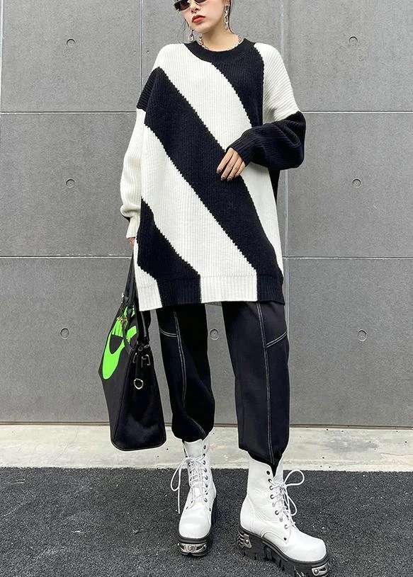 For Spring Black White Striped Knitted Clothes O Neck Plus Size Knit Tops