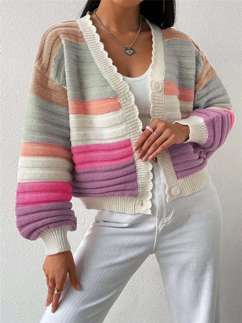 Athvotar Athvotar R-Shirt 2025 Autumn And Winter Sweater Coat Women's Rainbow Striped Lantern Sleeve