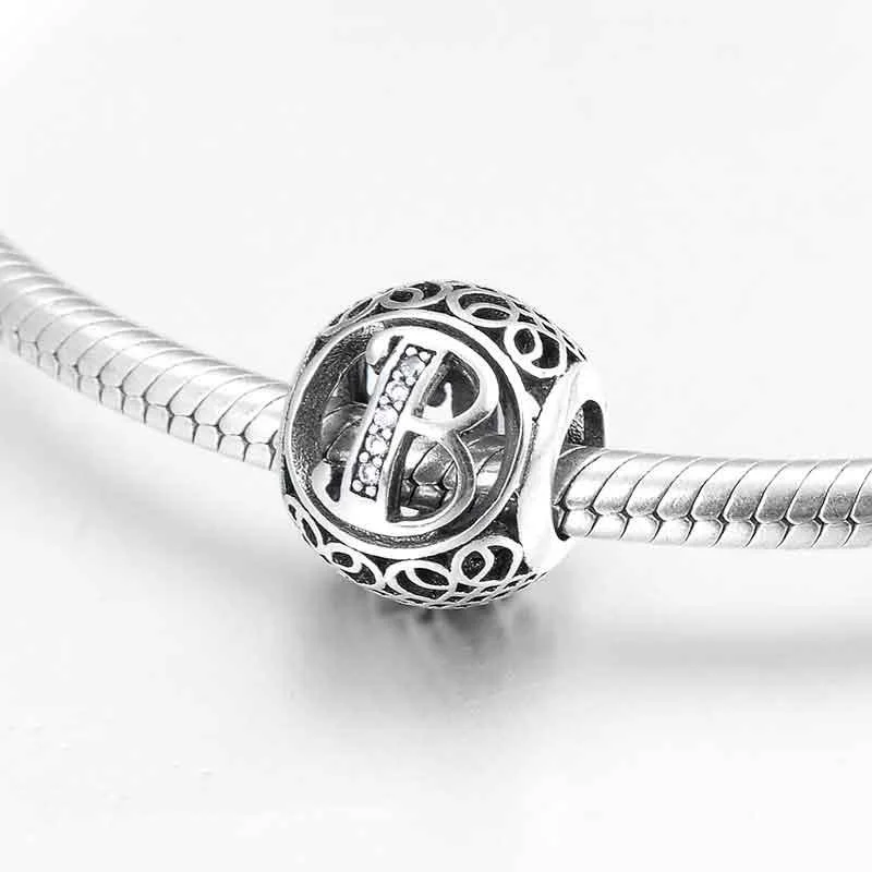 Sterling Silver Hollow Beads Letter A-Z Charm Pendant