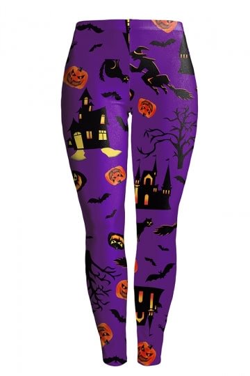 Elastic Haunted Houses Pumpkins Print Scary Halloween Leggings Purple-elleschic