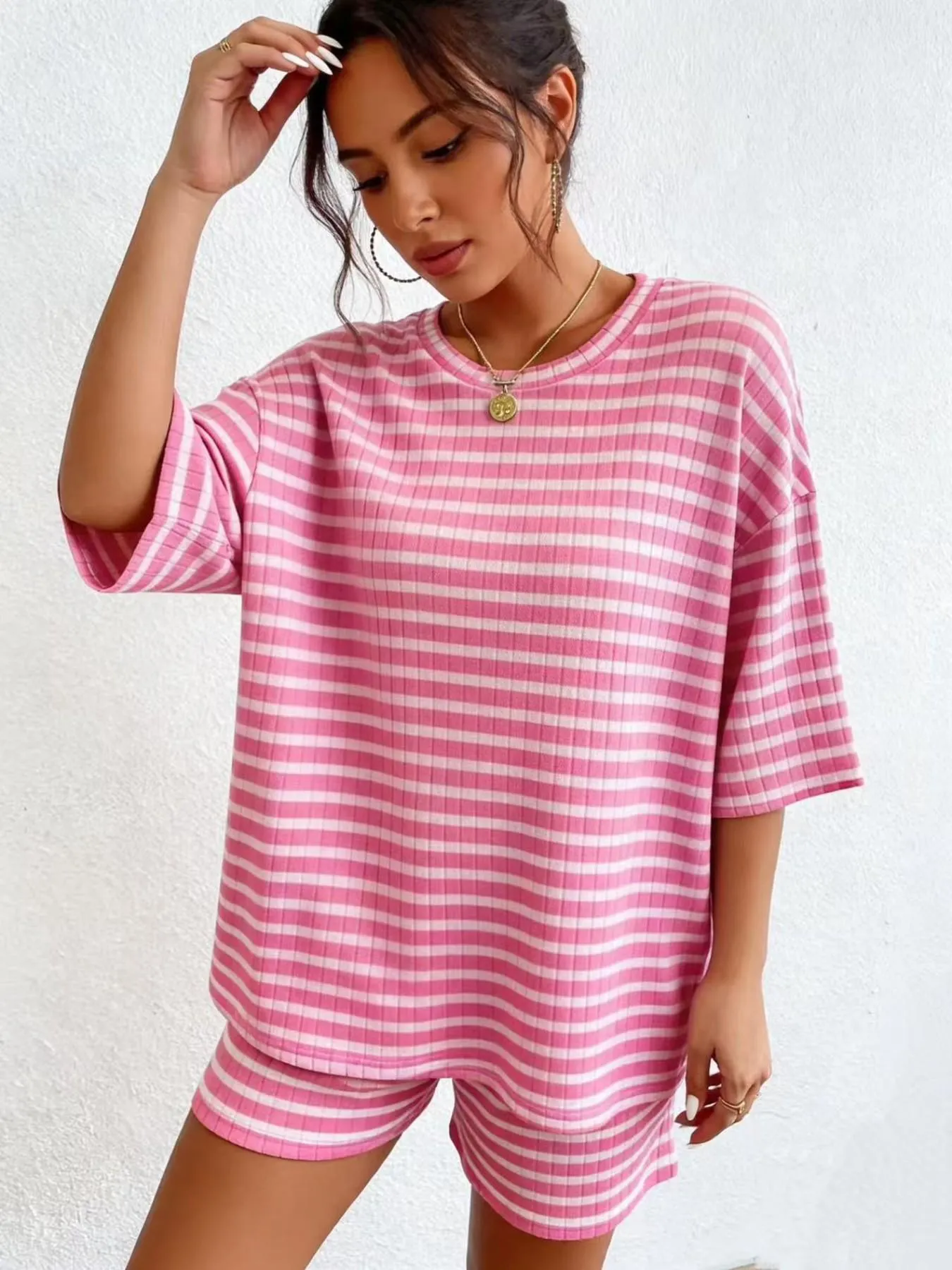 Women's Casual Loose Oversized Striped Set, Summer Short Sleeve Tee & Shorts, Airport Outfit, Home Wear, Sportswear, Fashionable Women's Clothing, Summer Lounge Sets Women's Casual Loose Oversized Striped Set, Summer Short Sleeve Tee & Shorts, Airport Outfit, Home Wear, Sportswear, Fashionable Women's Clothing, Summer Lounge Sets