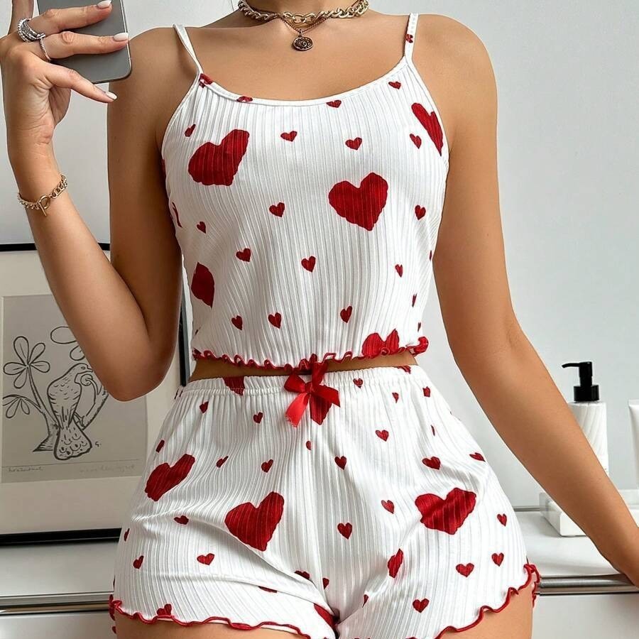 Knitted Stripes With High Elasticity And Love Print Design, Sweet Suspender Shorts, Pure Lustful Pajamas Set