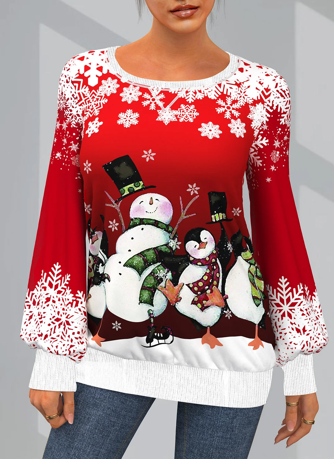 Womens Classic Christmas Snowman And Penguin Print Red Sweatshirt