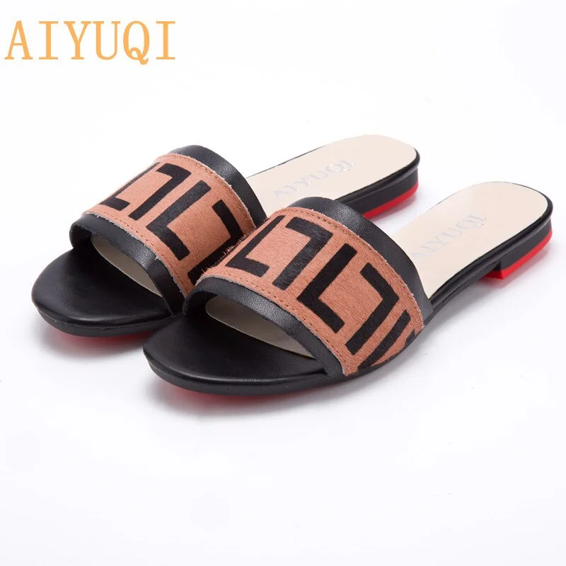 AIYUQI Women Slippers 2021 New summer Genuine Leather Flat Women slides  Mohair Casual Outdoor Slippers Women shoes