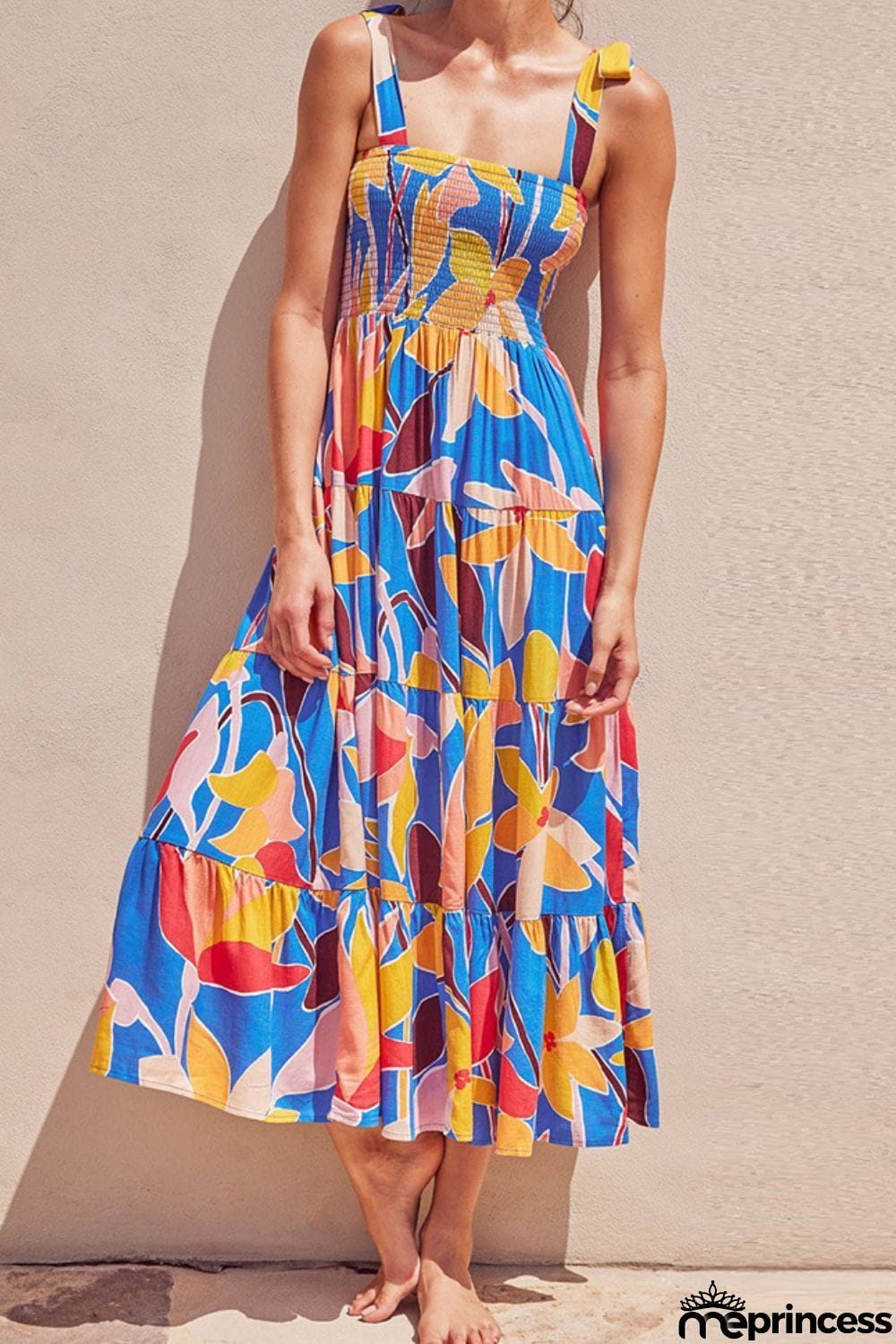 Floral Tie Shoulder Smocked Tiered Dress