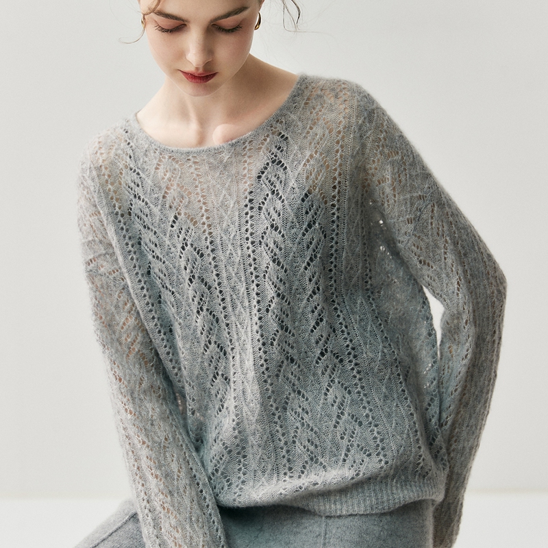 Women's Lightweight Lace-Knit Crewneck Cashmere Sweater Causal Wear REAL SILK LIFE
