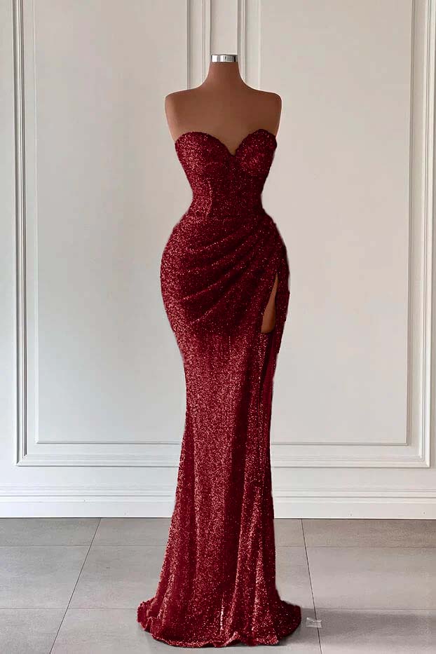  Red Sweetheart Mermaid Sequins Prom Dress Sleeveless with Split - ohprom