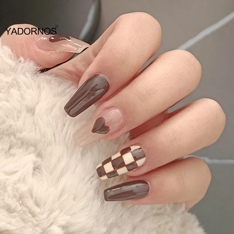 24pcs Nails Free Shipping Long Brown Press On Nails Cute Checkerboard Design Fake Nails Full Coverage Artificial For Women-Nail Inspo