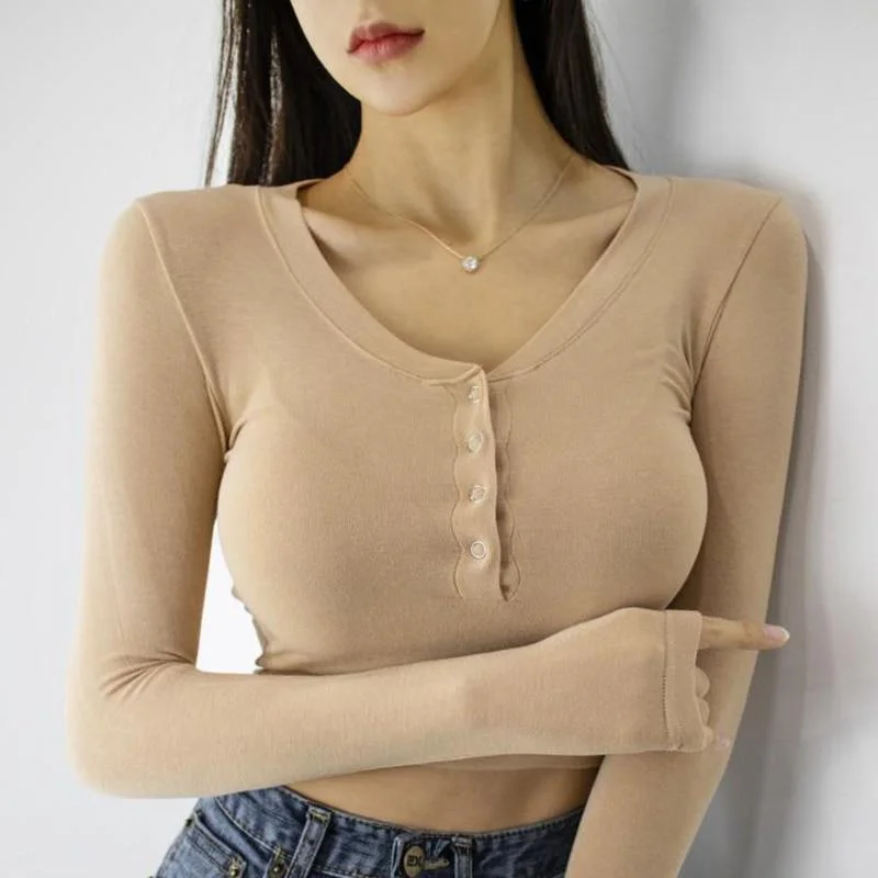Button V-Neck  Crop Top female long Sleeve Sashion Solid Color lady Tees Comfy Summer Basic Chic Thin T shirt See Through