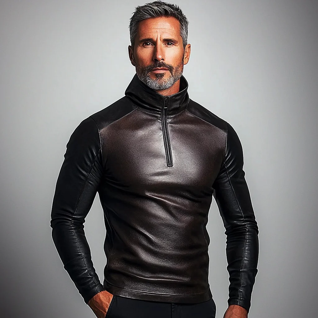 Men's Half-zip Polo Patchwork Casual Leather Shirt-inspireuse