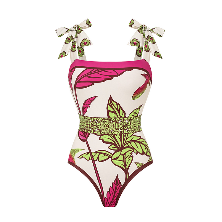 Bow-tie Shoulder Tropical Plant Pattern Printed  One Piece Swimsuit and Pants Flaxmaker