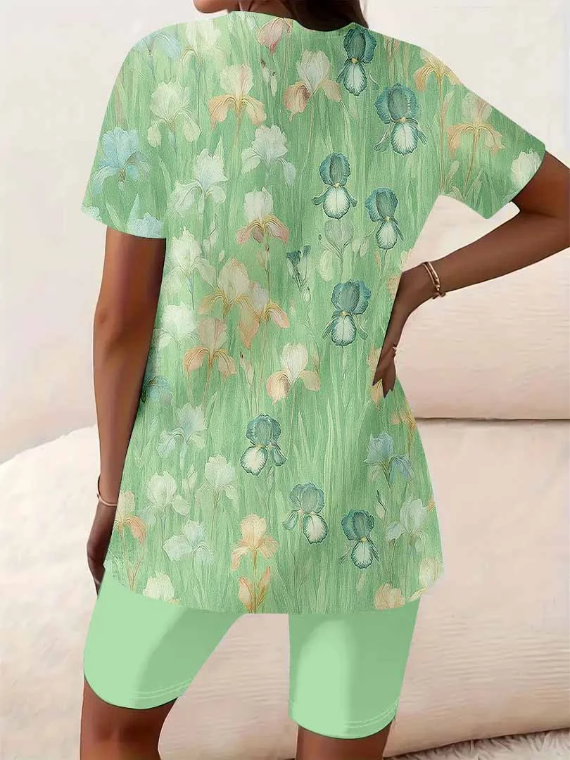 Women Floral, Green, Yellow DZCJ0591 Short Sleeve Tops and Shorts Plus Size