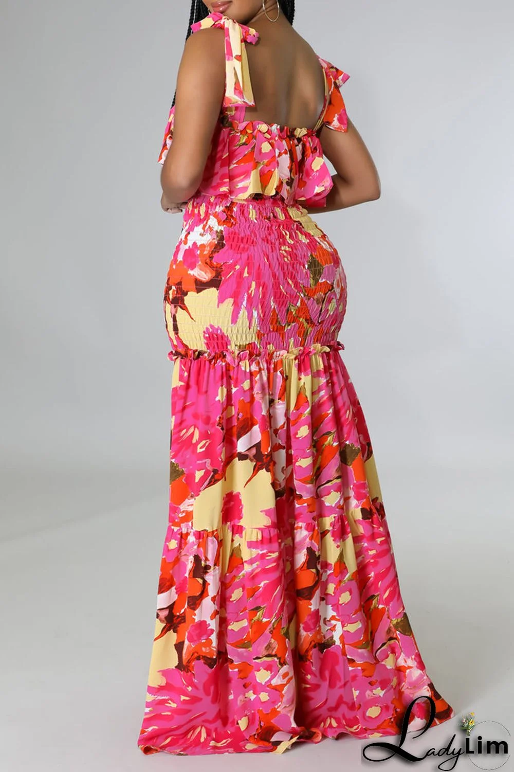 Red Fashion Sexy Print Bandage Backless Spaghetti Strap Long Dress