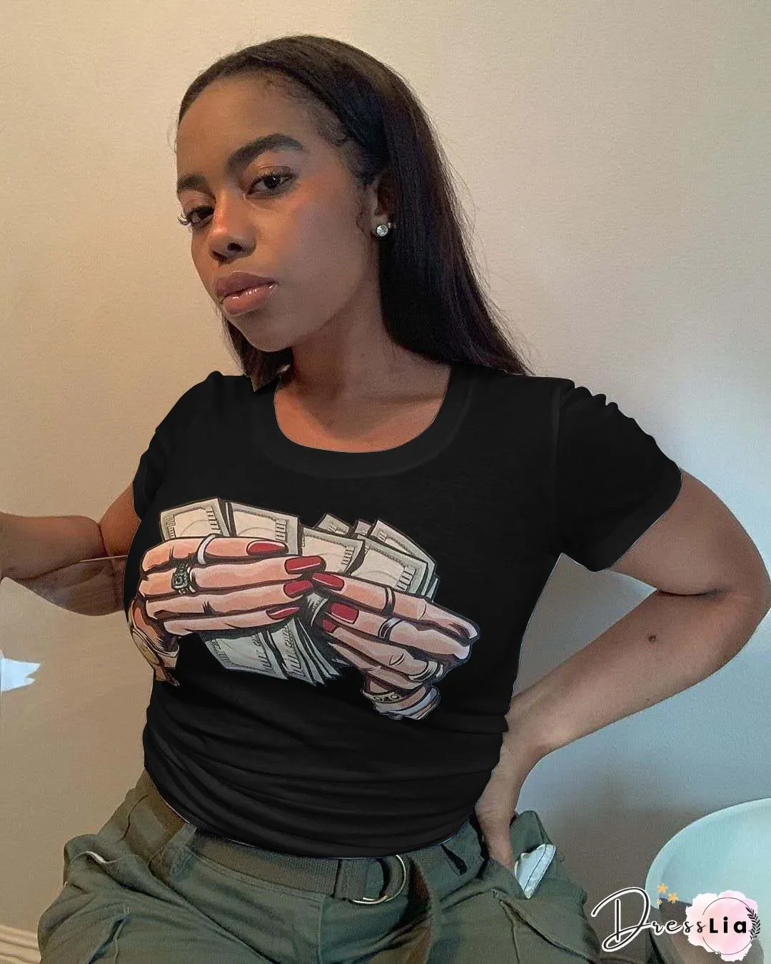 Round-neck Short Sleeve Plus Size Women T-Shirt-Fashion Lounge Wear Trend Dollar Print