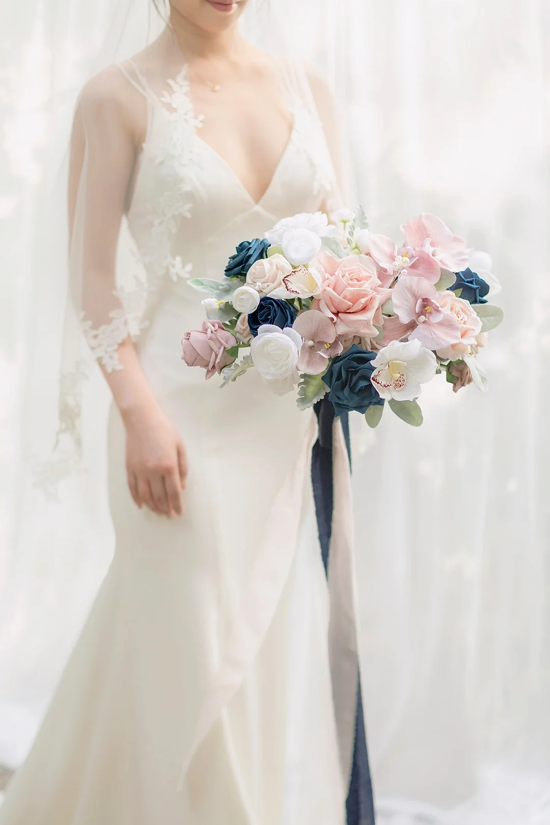 Standard Free-Form Bridal Bouquet in Dusty Rose & Navy