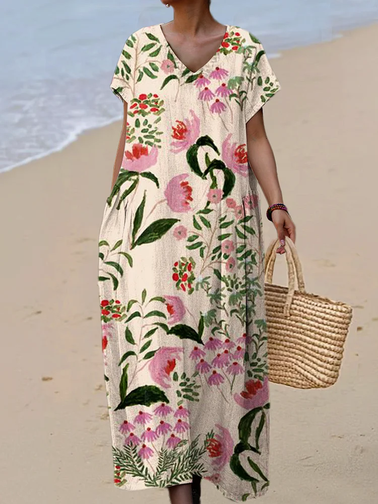 Women's Big Beautiful Flowers Painting Art Print Linen And Cotton V-neck Dress