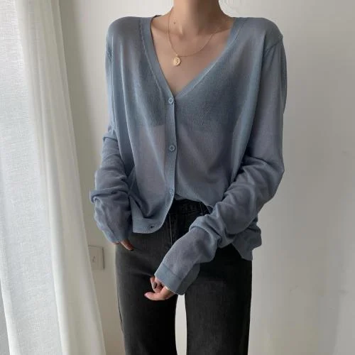 Cardigan Women Korean Long Sleeve Cardigan Summer Cropped Cardigan Knitted V Neck Thin Ice Silk Blouse Sunscreen Shirt 13482