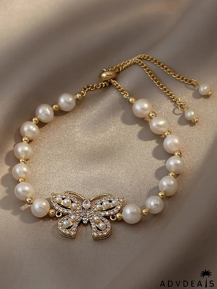 Faux Pearl Butterfly Decor Bracelet