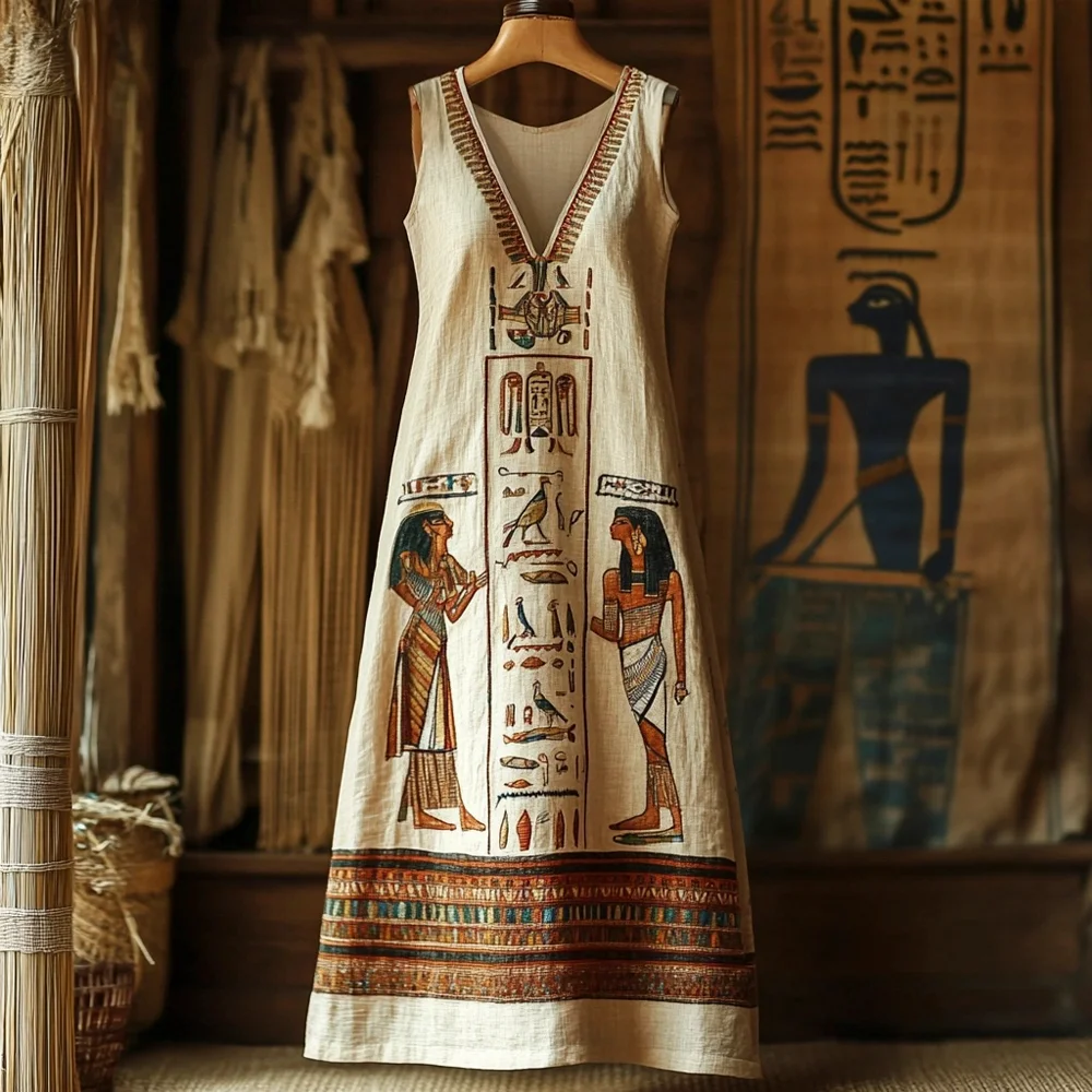 Egyptian Hieroglyphic Elements Printed Women's V-neck Vest Dress