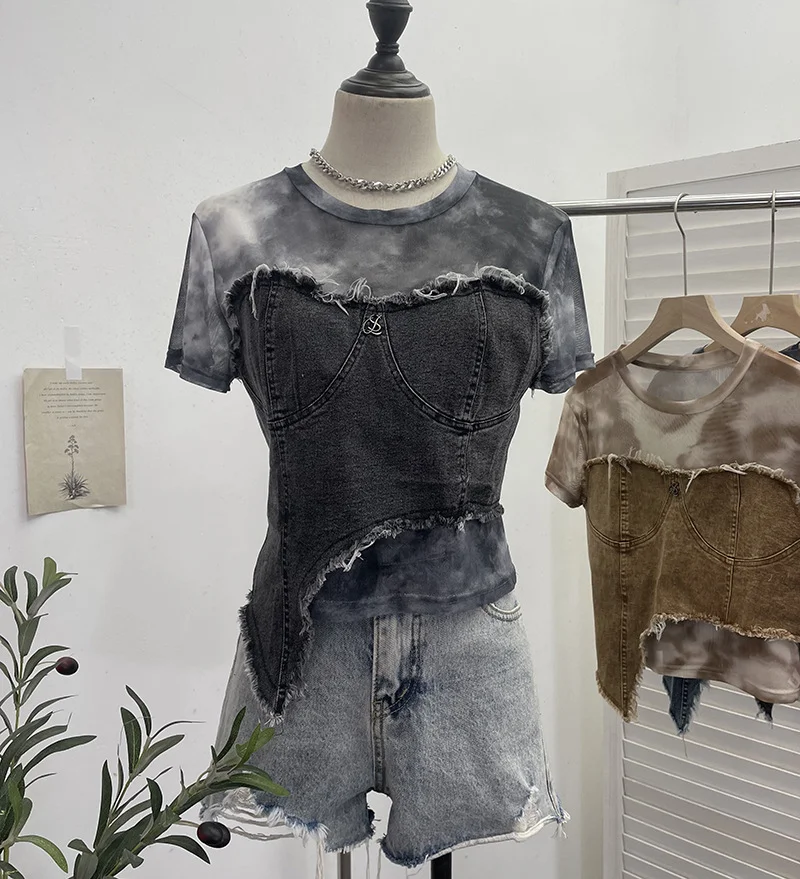 Uveng Real Shooting Of The Edge Of The Denim Splicing Tie Dye Mesh Repair Irregular Two Short-Sleeved Top T-Shirt 26171