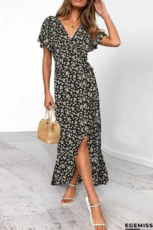 Floral Ruffles Print Wrap Maxi Dress | EGEMISS