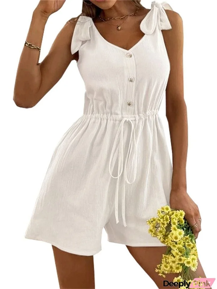 Women's Summer Deep V Neck Sleeveless Adjustable Strap Shorts Jumpsuit